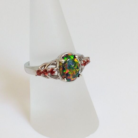 Black Opal & Garnet Ring Size 7 - Picture 2 of 8